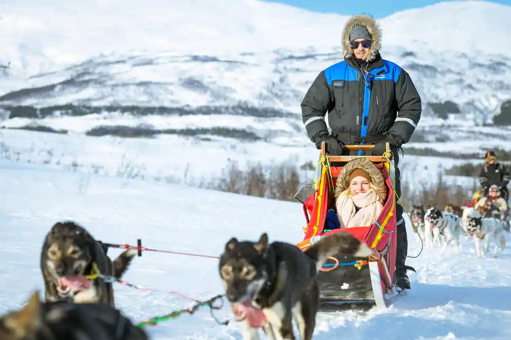 A driver standing on the runners with a passenger tucked into the sled basket